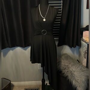 Black vintage midi dress with asymmetrical hem and belt detail #stretch